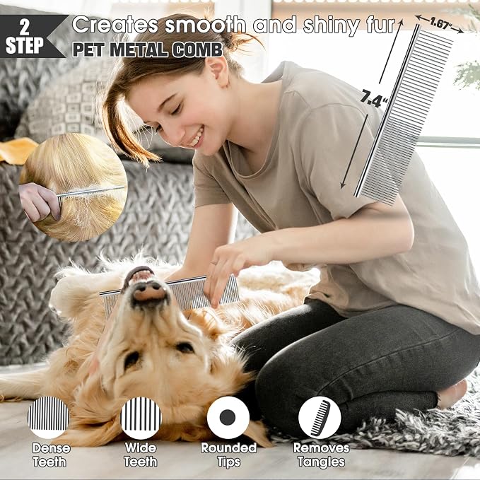 Bonteck Dog Slicker Brush for Dogs Grooming Kit 5PCS | Large Dog Brush for Goldendoodles Poodles Doodles | Long Pin Haired Brush | Poodle Brushes and Comb (Purple)