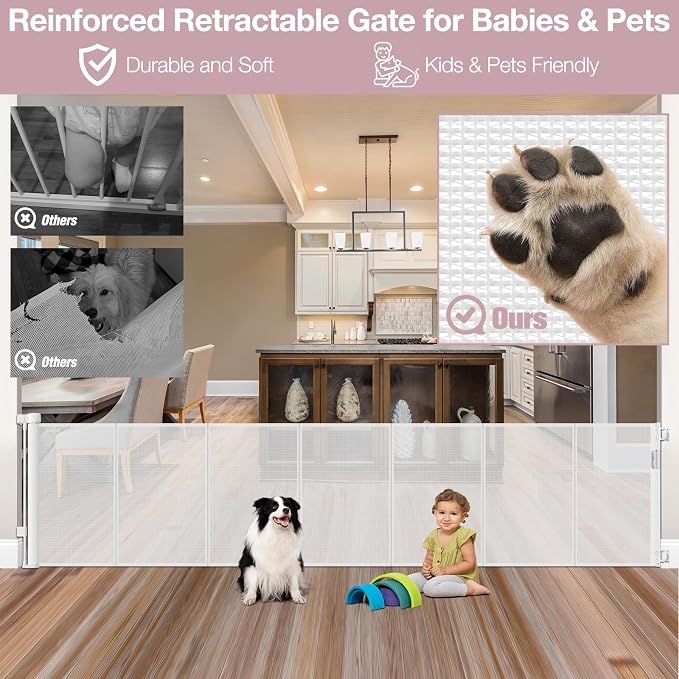 100" Wide Retractable Baby Gate Extra Wide Dog Gates with Reinforced Strip - Prevent Crawling Under Retractable Pet Gate Outdoor/Indoor Dog Gate, Mesh Gate Wide Baby Gates for Large Openings, White