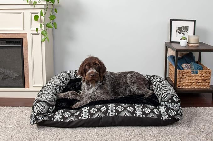 Furhaven Pillow Dog Bed for Large Dogs w/ Removable Bolsters & Washable Cover - Plush & Southwest Kilim Woven Decor Sofa - Black Medallion, Jumbo/XL