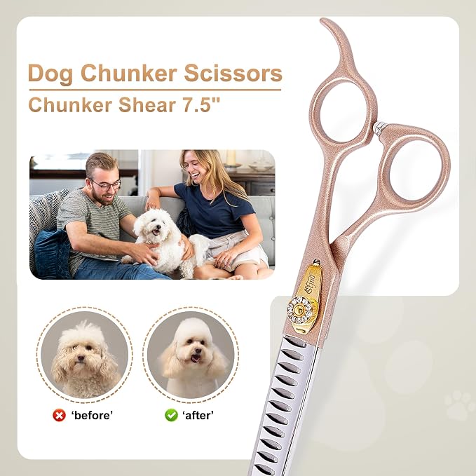 Professional Dog Grooming Scissors Rose Gold 440C Stainless Steel Straight Thinning Curved Chunker Shears for Pet Grooming Services Dogs and Cats (Combo, 7.5‘’)