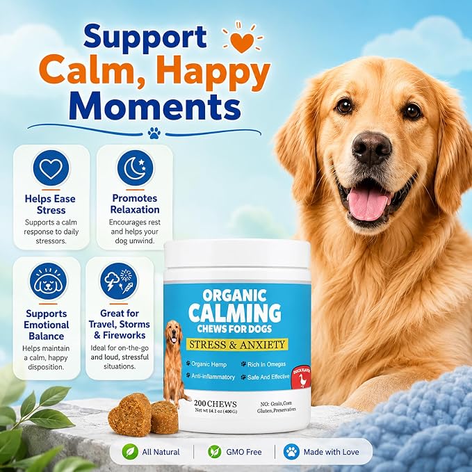 Calming Chews for Dogs, Dog Calming Treats with Melatonin, Stress & Anxiety Relief, Relaxation Aid for Travel, Vet Visits, Fireworks, Storms & Separation, Duck Flavor, 200 Soft Chews