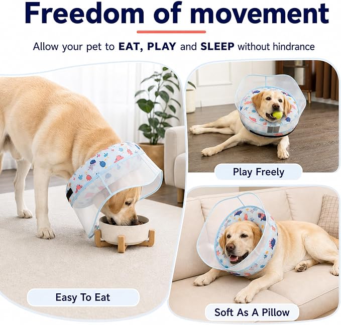 Inflatable Dog Cone Collar for Large Medium Small Dogs, Soft Dog Donut Collar Adjustable Recovery Cone for Pets After Surgery, Extra Enhanced Anti-Licking Guard Shield (Dinosaur, Medium)