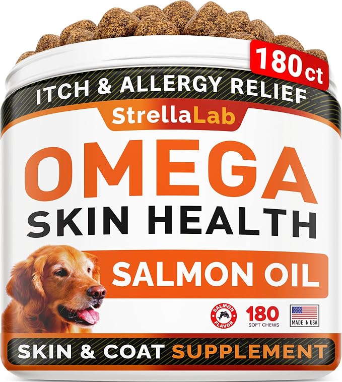 StrellaLab Omega 3 for Dogs - (180Ct) Fish Oil Treats - Allergy & Itch Relief Skin & Coat Supplement - Dry Itchy Skin, Anti Shedding & Hot Spots Treatment - Pet Salmon Oil Chews - Salmon Flavor