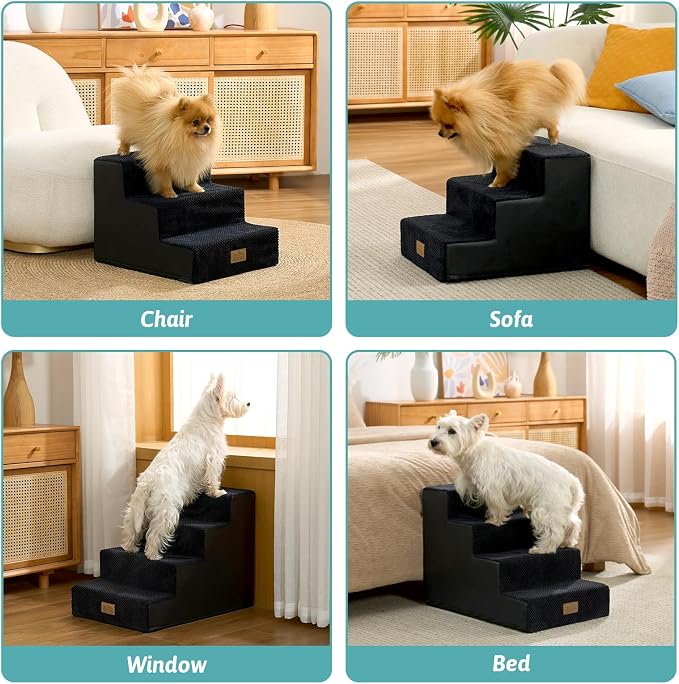 COZY KISS Dog Stairs for Small Dogs, 3 Tier Pet Stairs for Couch, 13.5" H Non-Slip Dog Steps for Old Cats, Puppy, Small Dogs, 15.7x17.7x13.5 inch, Black