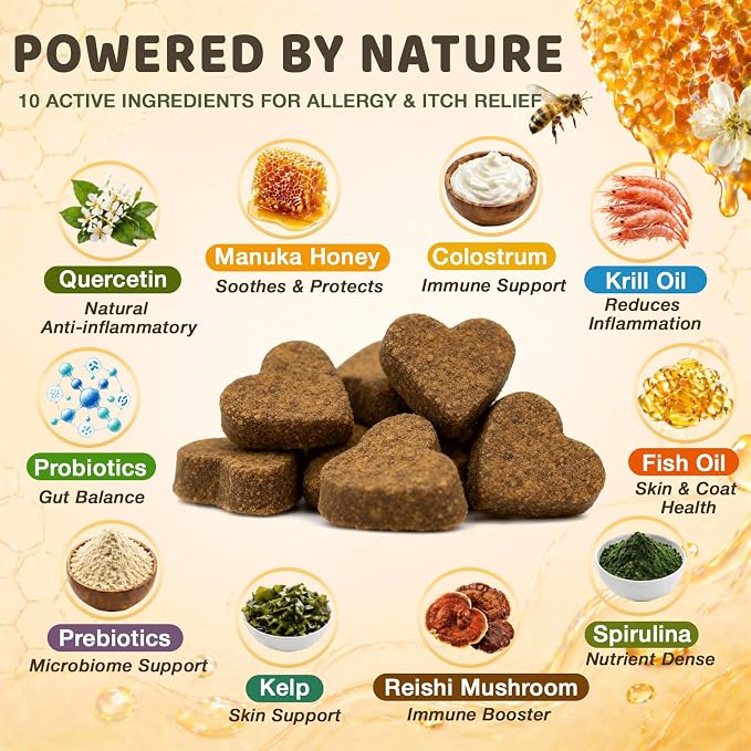 Manuka Honey for Dogs - Allergy & Itch Relief Chews - Skin Comfort & Coat Health - with Quercetin,Krill Oil,Colostrum &Probiotics - Stop Paw Licking, Soothe Itchy Ears & Yeast Balance - 150 Soft Chews