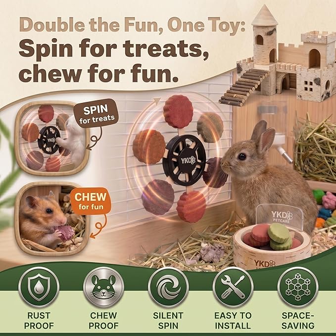 YKD Chinchilla Chew Toys, Rotating Spinner Guinea Pig Toys + 12 Pcs Timothy Hay Rabbit Chew for Teeth Grind & Digestion, Rust-Proof Aluminum Toy, for Rabbit, Bunny, Chinchilla, Hamster Dental Health