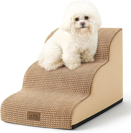 COZY KISS Dog Stairs for Small Dogs 15.7" H, Curved Dog Step for Puppy, Older Cat, Medium Pet Ramp for Sofa, Couch or Chair, Ladder with High Density Foam, 3 Step, 15.7x22.4x15.7 inch, Light Brown