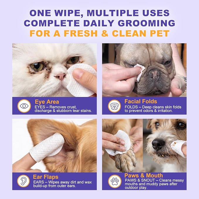 2-in-1 Tear Stain Remover Kit for Dogs & Cats – Natural Eye Wipes (120 Count) & Gentle Stain Remover Balm (1 oz) with Brush – Complete Eye Care for Stains, Odors & Folds