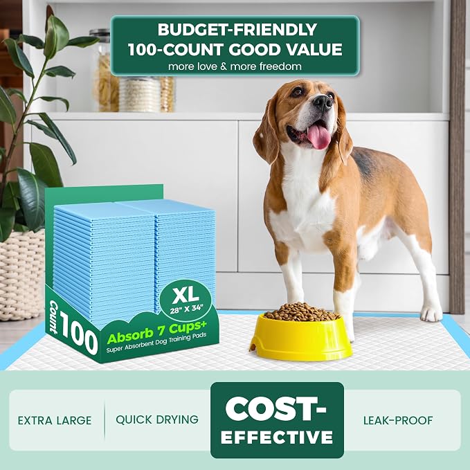 100 Count Dog Pee Pads Extra Large 28"x34", Super Absorbent X-Large 100 Pack Puppy Pads Leak-Proof & Quick-Dry Disposable XL Potty Pee Pads for Dogs, Puppies, Doggy