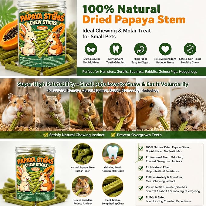 40pcs Natural Papaya Stems Chew Toys, Small Pet Molar Sticks for Rabbits, Hamsters, Chinchillas, Guinea Pigs, Squirrels & Hedgehogs
