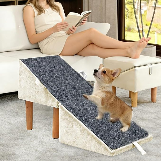 Split Ottoman Dog Ramp for Small Dogs and Cats – 2-in-1 Foldable Wooden Pet Ramp and Stairs for Couch and Low Bed, or Ottoman, Non-Slip and Portable, White