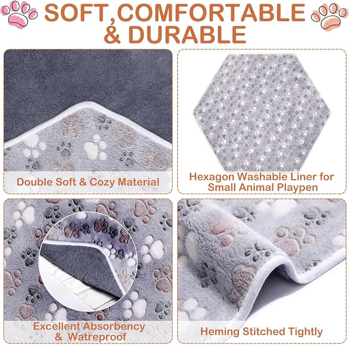Preboun 4 Pcs 47 in Guinea Pig Playpen Pad Waterproof Hexagon Mat Reusable Dog Playpen Liner for Small Animal Rabbit Cage Tent Pee Pad Washable Yard Fence(Gray Paw)
