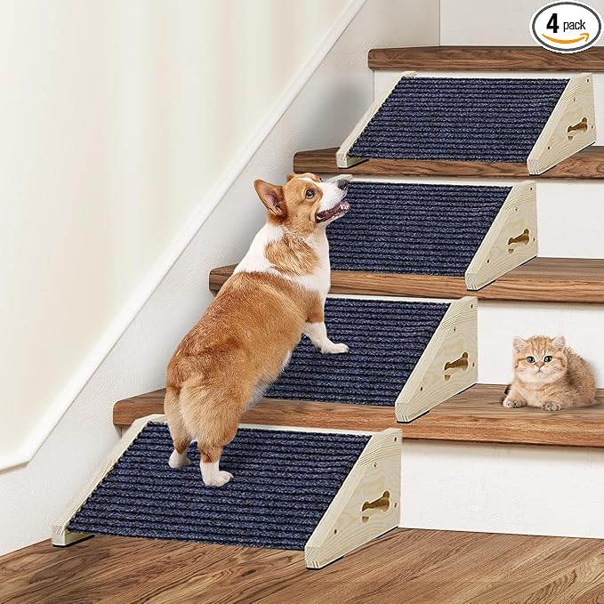 Extra Wide Dog Ramps for Stairs, Wooden Pet Ramp&Stairs for Small Dogs, Non-Slip Pet Steps for Any Staircase, Dog Stair Ramp for Injured Dogs with Anti-Slip Strip, 4 Pack