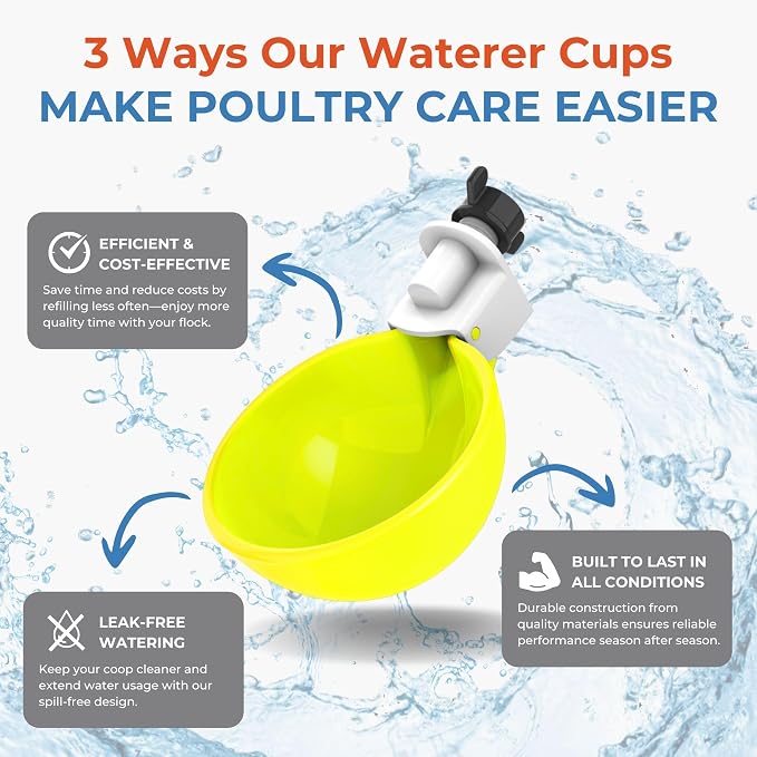 Lil'Clucker - Large Automatic Chicken Waterer Cups Suitable for Ducks, Geese, Turkeys, and Bunny Rabbit - Water Feeder Kit - Poultry Waterer (Yellow, 8 Pack)