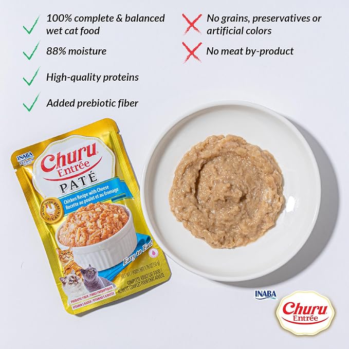INABA Churu Entrée Pate for Cats, Grain-Free, High Moisture, Prebiotic Wet Cat Food, 1.76oz. per Pouch, 6 Pouches, Chicken with Cheese Recipe