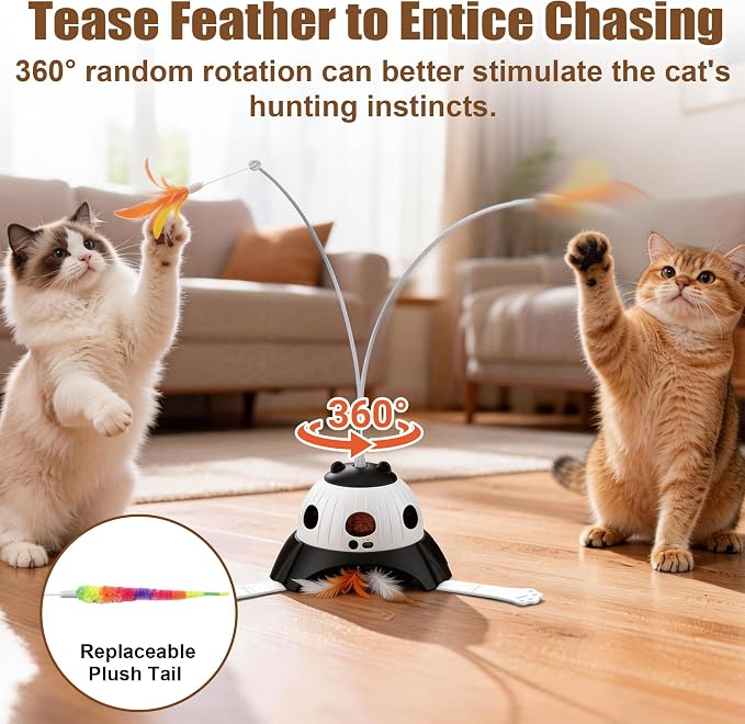 Casfuy 3-in-1 Interactive Cat Toy with Plush Tail, Whack-a-Mole & Rotating Feather Wand