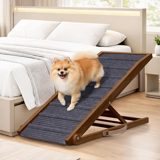 Adjustable Dog Ramp for Bed - 48" Long Foldable Wooden Ramp for Dogs to Get on Bed, Couch, or Car with 16.5" Wide Walking Space (Walnut Wood with Gray Carpet)