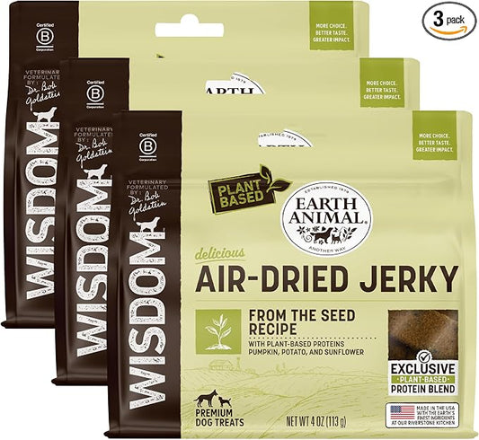 Earth Animal Wisdom Air Dried Jerky - from the Seed Recipe Premium Natural Plant Based Jerky Strips Dog Treats - 3 Pack 4 oz Bag