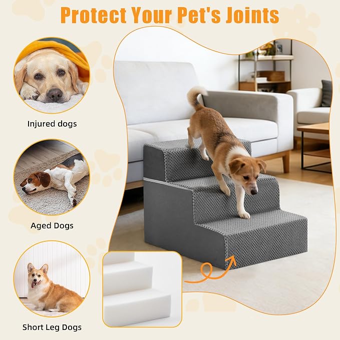 3-Step Dog Stairs for Small Dogs and Cats, 14in H Dog Steps for Couch, Sofa, Chair, Non-Slip Sturdy Pet Steps, Pet Ramp for High Bed Indoor