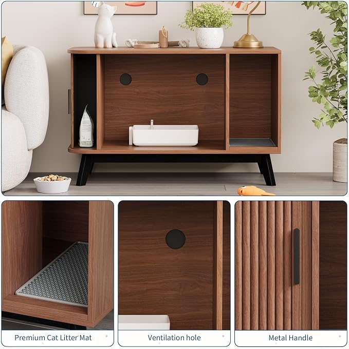 Garvee Cat Litter Box Enclosure, 39" Litter Box Enclosure Furniture Hidden Litter Box with Cat Litter Mat and Sliding Door, Modern Indoor Cat House, Side End Table for Living Room, Walnut