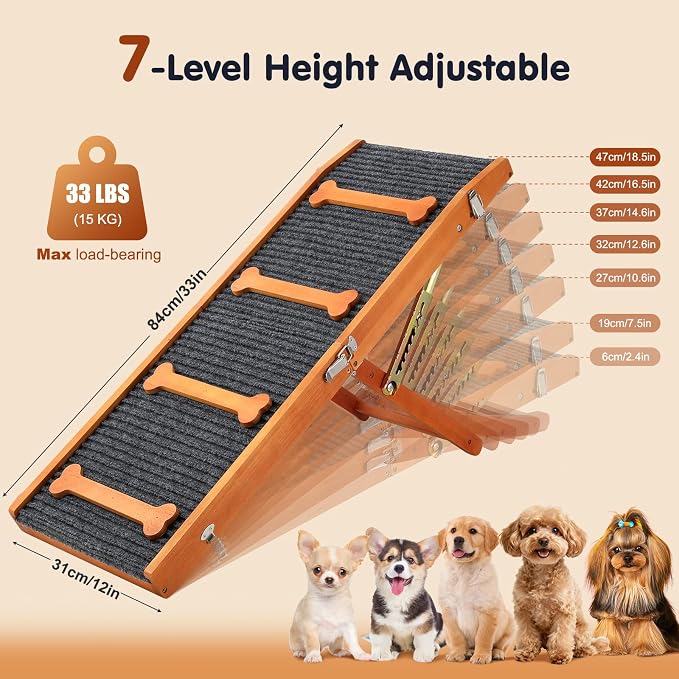 Pawaboo 2026 Upgraded Dog Ramp for Couch, Foldable Small Dog Ramp for Sofa with 7 Adjustable Heights from 2.2'' to 18.5", Portable Non-Slip Pet Ramps for Couch Sofa, Walnut