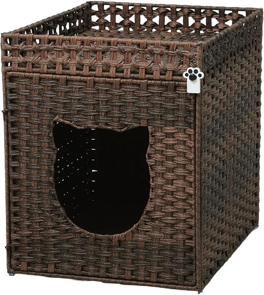 Handwoven Rattan Cat Litter Box Enclosure for Large Litter Boxes, Includes 1 Litter Mat & 2 S-Hook Attachments, Furniture-Grade Hidden House for Living Room, Bedroom, 24.6"x24"x19.88" Brown