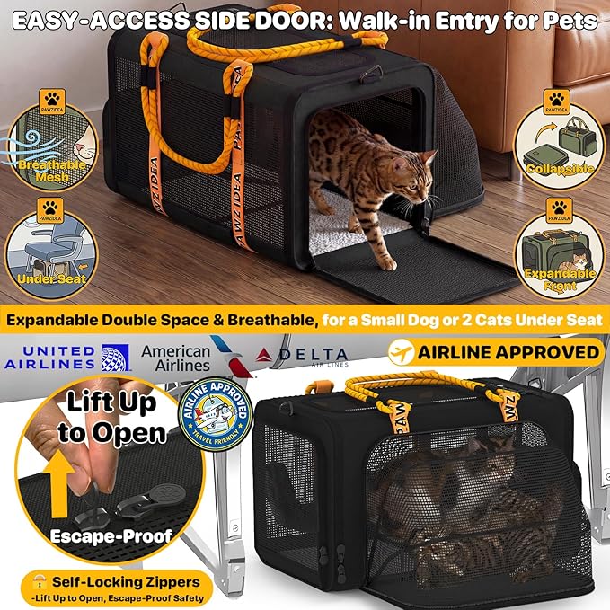 PAWZIDEA Expandable Pet Carrier with Wheels, 18"x11"x11" TSA Airline Approved Cat Carrier for 2 Cats Under Seat, Collapsible Soft-Sided Small Dog Rolling Travel Bag with Telescopic Handle, Up to 18lbs