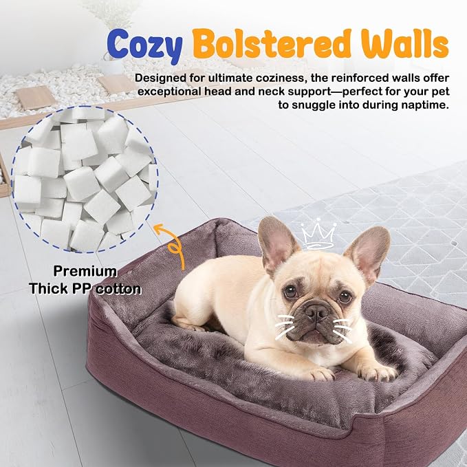 Makigued Rectangle Dog Bed for Medium Size Dog with Removable Washable Cover Pet Bed with Bolster Sides Non-Slip Bottom Pet Sofa Waterproof Lining Durable Pet Cuddler, Dark Brown 29x 23x 7.1 in
