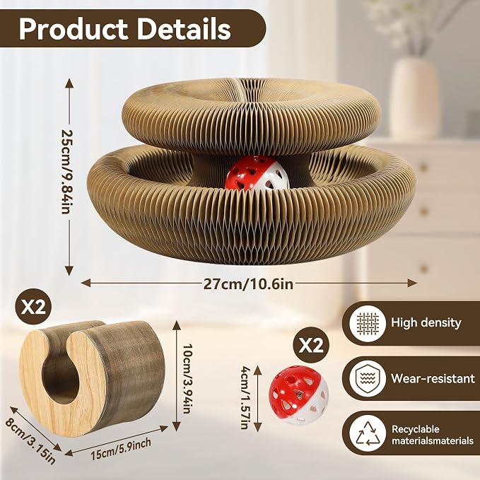 2PCS Magic Organ Cat Scratcher, Foldable Reversible Accordion Cat Toy with Bell Balls, Interactive Scratch Pad Board for Indoor Cats Playing, Cardboard Recyclable Kitty Toy