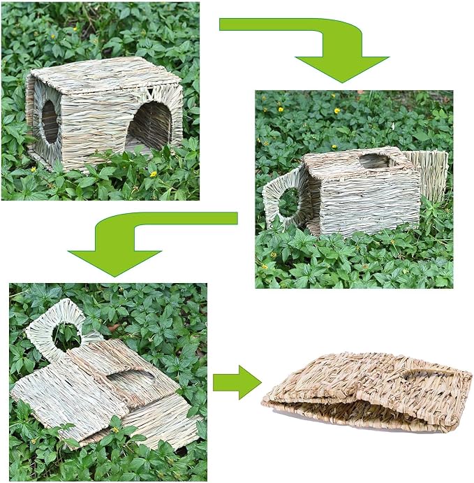 Foldable Grass Woven Animal Hut Bunny House Play Hideaway Bed Mat Chew Toy for Rabbit Guinea Pigs Gerbils Hamster (12"x8"x8")