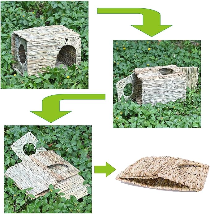 Foldable Grass Woven Animal Hut Bunny House Play Hideaway Bed Mat Chew Toy for Rabbit Guinea Pigs Gerbils Hamster (14.5"x11"x10")