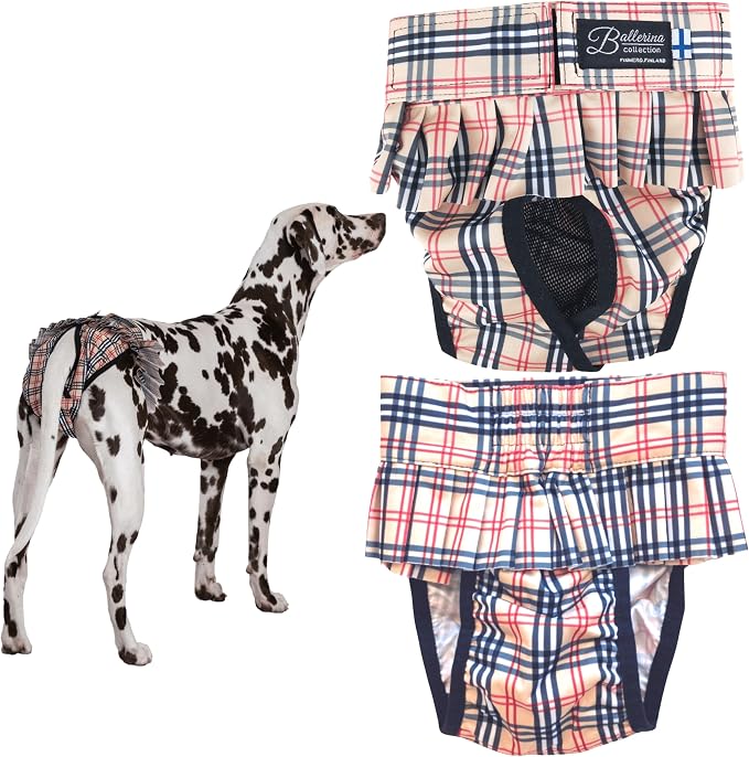 FINNERO Ballerina Dog Diaper – Washable, Reusable, Leak-Proof – Heat, Period & Urine Incontinence Protection – Comfortable, and Stylish Design – Adjustable Fit for Female Dogs – XL, Checkered