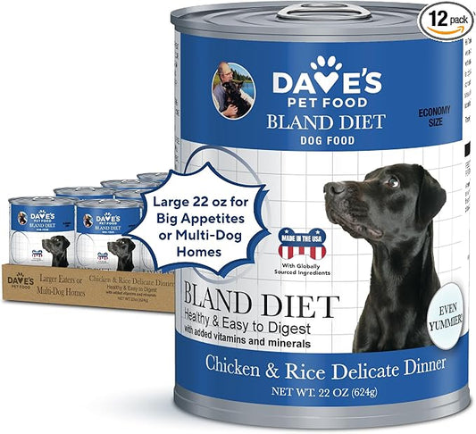 Dave's Pet Food Bland Diet Dog Food (Chicken & Rice), Sensitive Stomach, Easy to Digest Pate, Gluten-Free, Digestive Care, Low Fat (6%) Limited Ingredients, Complete & Balanced, 22 oz (12 Pack)