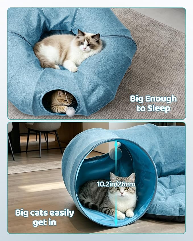 Odoland Linen Cat Tunnels with Central Cat Bed, Interactive Cat Toys Detachable Washable Soft Mat Large Indoor Play Tunnel Cave for Kittens, Cats and Small Animals