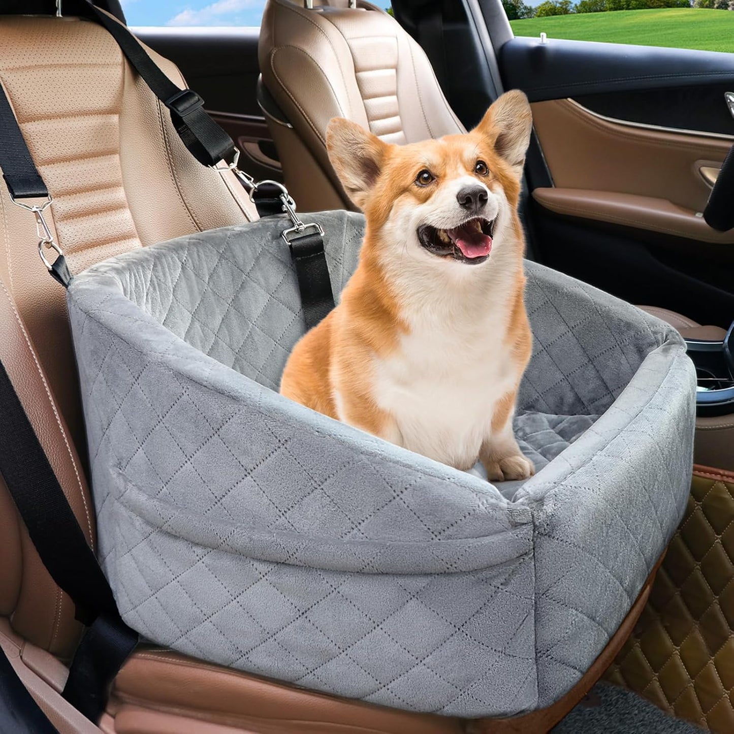 Dog Car Seat for Small Dogs,Detachable Washable Dog Booster Seat for Medium Dogs Under 30lbs, Pet Car Seat Travel Bed with Storage Pockets and Dog Safety Belt (Grey)