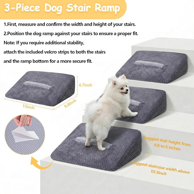 6 Pack Dog Ramp for Stairs with Contrast Color Anti-Slip Strip – Stair Wedges for Small & Senior Dogs and Cats, Gentle Slope Pet Steps with Washable Cover & Self-Sticky Pads