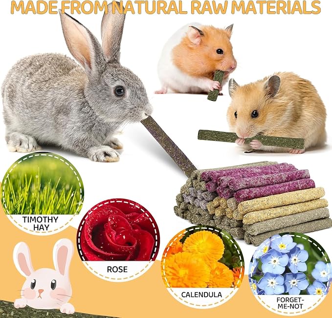 VESPRO 208Pcs Rabbit Chew Sticks, Guinea Pig Toys, Natural Timothy Grass Molar Teeth Stick, Mixing Flowers, Roses, Calendula and Forget Me Not, Small Animals Treats