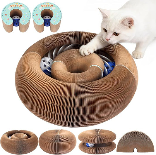 Extensible Cat Scratcher Cardboard Toy | Magic Accordion Scratching Pad with Bell Ball - Foldable & Reversible Interactive Kitty Play for Indoor Cats (2 Pack)