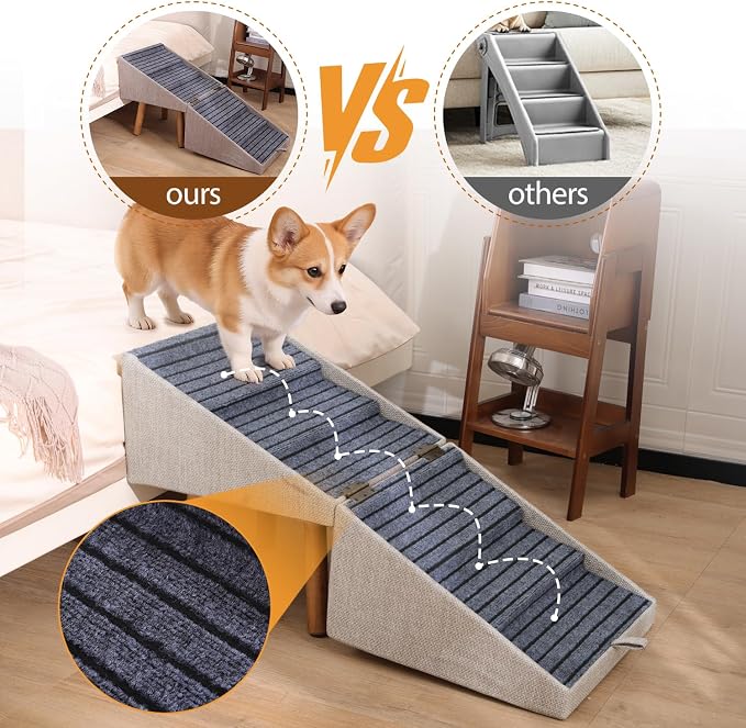 Dog ramp for Small Dogs, 2-in-1 Pet Steps & Ottoman - Foldable Dog ramp for Couch, Non-Slip Wooden Pet ramp for Puppy Senior Injured Dogs (Light Beige, XXL(21.06H))