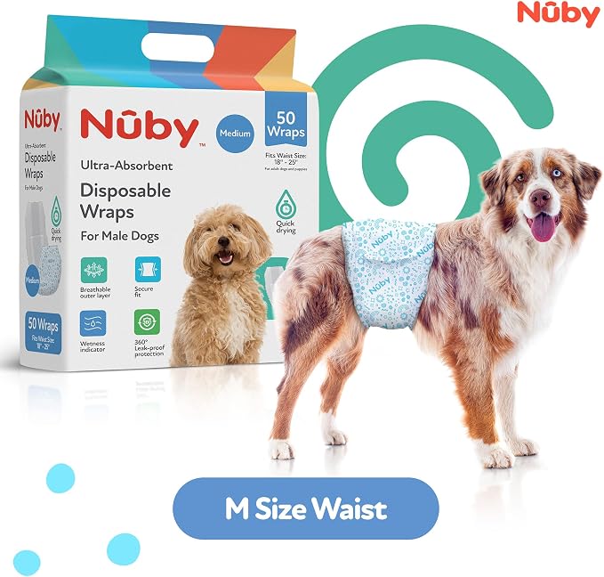 Nuby Pets Disposable Male Dog Wraps with Wetness Indicator, Absorbent & Leak-Resistant Belly Bands for Male Dogs, Medium (18–25” Waist), 50 Count