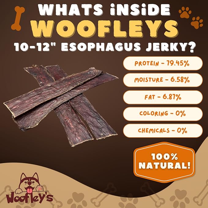 Woofley's - 10-12 Inch Esophagus Jerky (50 Count) - Gullet Sticks for Dogs - Safe Jerky Dog Chews -Easily Digestible Bully Sticks