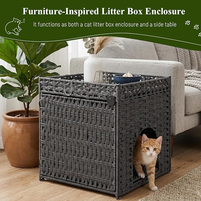 Neti Neti Cat Litter Box Enclosure Furniture, A Calm Enclosed Space Chosen by Cats, Handwoven Rattan Hidden Cabinet with 2 Removable Mats, Large Foldable Design for Indoor Use, Small, Grey