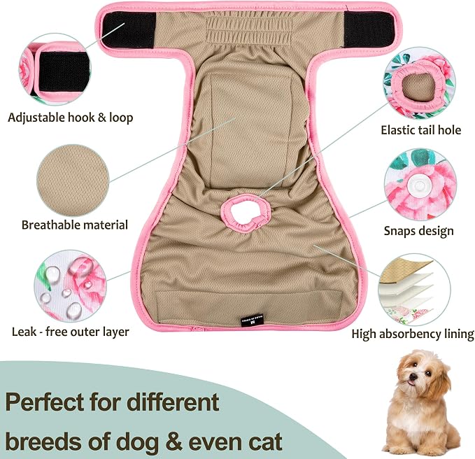 Washable Female Dog Diapers - Premium Reusable Diapers for Doggie in Heat - Highly Absorbent Dog Diapers Female for Pet Incontinence with Adjustable Snaps Sunflower, M