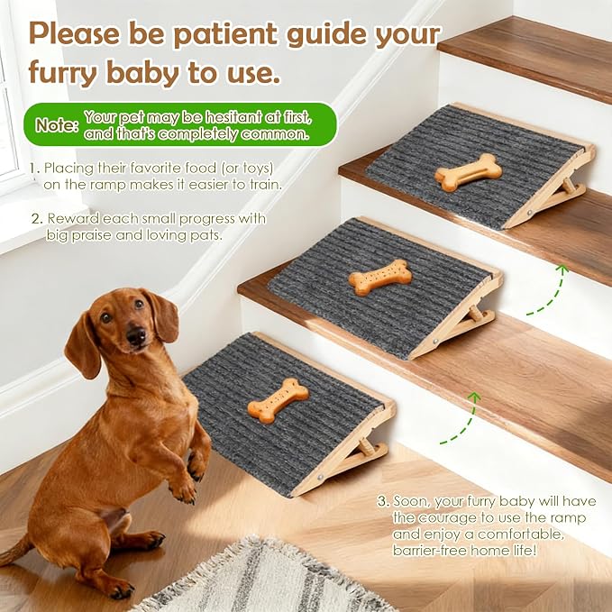 Adjustable Dog Ramp for Stairs, Foldable Wooden Dog Steps Anti-Slip | 3 Pack, Switch 4.3" or 5.5" Height, No Assembly, Gentle on Joints, for Senior & Injured Dogs, Natural Wood, 170 lbs