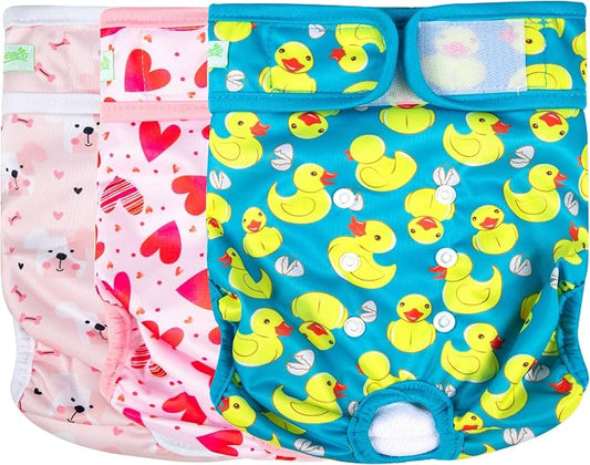 wegreeco Washable Female Dog Diapers Highly Absorbent Reusable Diapers for Dog in Heat Period, 3 Pack (Yellow Ducks, Small)