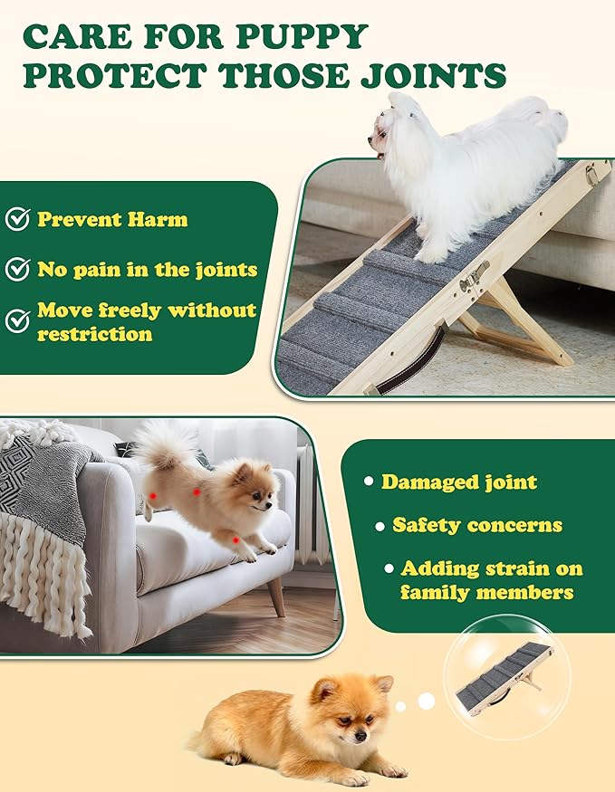 Dog Ramp Dog Stairs for Small Dogs Foldable Dog Ramp with 4 Adjustable Heights from 7.48'' to 15.35" Wood Stairs with Non Slip Carpet Portable Pet Ramp for Couch, Sofa, Low Bed (Natural Wood)