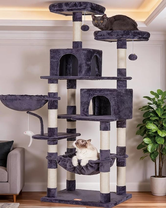 Heybly Cat Tree, 70 inches Tall Cat Tower condo with Toy for Indoor Large Cats, Cat House Furniture with Padded Plush Perch, Cozy Hammock and Sisal Scratching Posts,Smoky Gray HCT032G