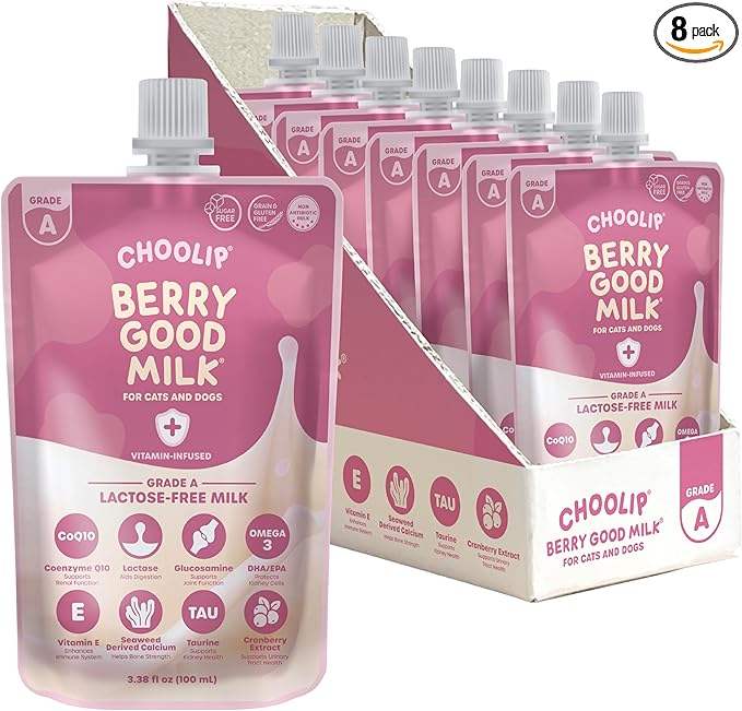 Choolip Berry Good Milk for Cats & Dogs – Lactose-Free Pet Milk Pouches – Vet-Formulated Hydrating Drink with Cranberry, CoQ10, Glucosamine & Omega-3 (100mL x 8 Pouches)