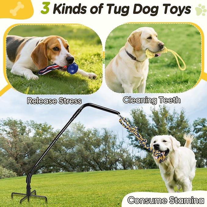 AugFir Tether Outdoor Dog Rope Toy with Strengthen Spring Pole, 3 Kinds Dog Tug of War Toys for Self Play and Interactive in Park, Yard, Lawn Rope, Suitable for Large Medium Small Dogs (Dark)