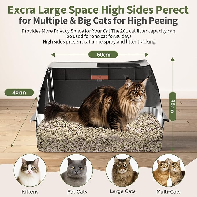 Gimars 3 in 1 High Sided Anti-Leakage Stainless Steel Cat Litter Box with Lid, Extra Large Enclosed Easy Cleaning Litter Box with Scoop, Front & Top Entry for Multiple Cats